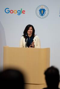 Sabrina Mansur at podium at Grow with Google event